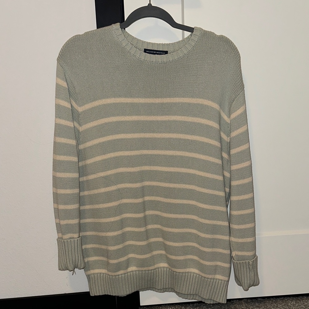 Brandy Melville Gray and Cream Striped Crewneck Sweater